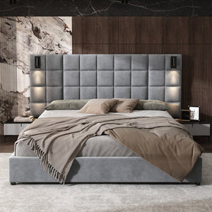 English Elm Ck Velvet Upholstered California King Bed Wide Padded Headboard with Usb Reading Lamp N757P331770E