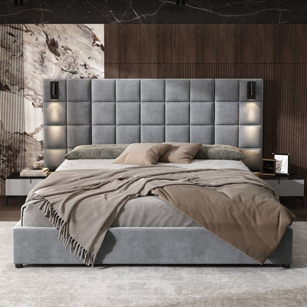 English Elm Ck Velvet Upholstered California King Bed Wide Padded Headboard with Usb Reading Lamp N757P331770E