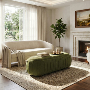 English Elm Upholstered Oval Boucle Ottoman with Rubberwood Legs Mid-century Accent Footrest Olive Green N757P372822V
