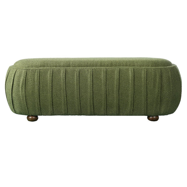 English Elm Upholstered Oval Boucle Ottoman with Rubberwood Legs Mid-century Accent Footrest Olive Green N757P372822V