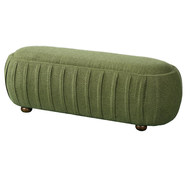 English Elm Upholstered Oval Boucle Ottoman with Rubberwood Legs Mid-century Accent Footrest Olive Green N757P372822V