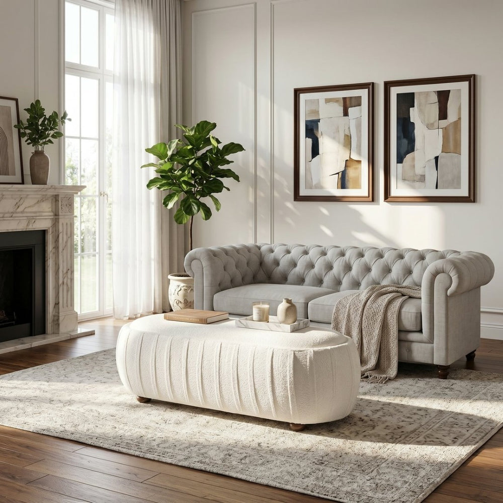 English Elm Upholstered Oval Boucle Ottoman with Rubberwood Legs Mid-century Accent Footrest White N757P372822W