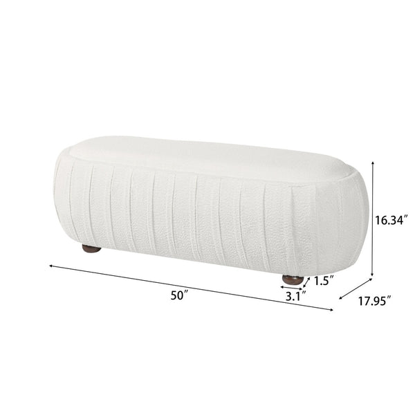English Elm Upholstered Oval Boucle Ottoman with Rubberwood Legs Mid-century Accent Footrest White N757P372822W