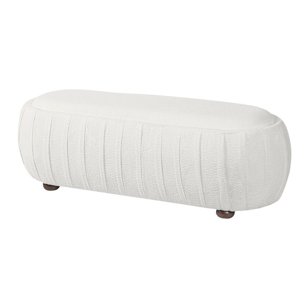 English Elm Upholstered Oval Boucle Ottoman with Rubberwood Legs Mid-century Accent Footrest White N757P372822W