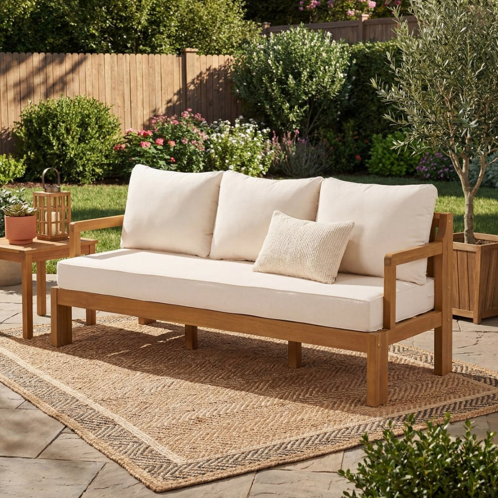 English Elm Outdoor Acacia Wood 3 Seat Patio Sofa with Thick Cushions for Garden or Deck N757P388745N
