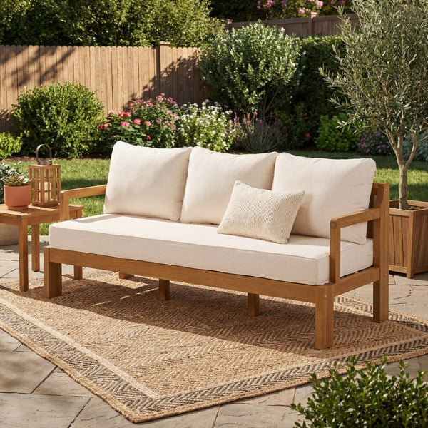 English Elm Outdoor Acacia Wood 3 Seat Patio Sofa with Thick Cushions for Garden or Deck N757P388745N