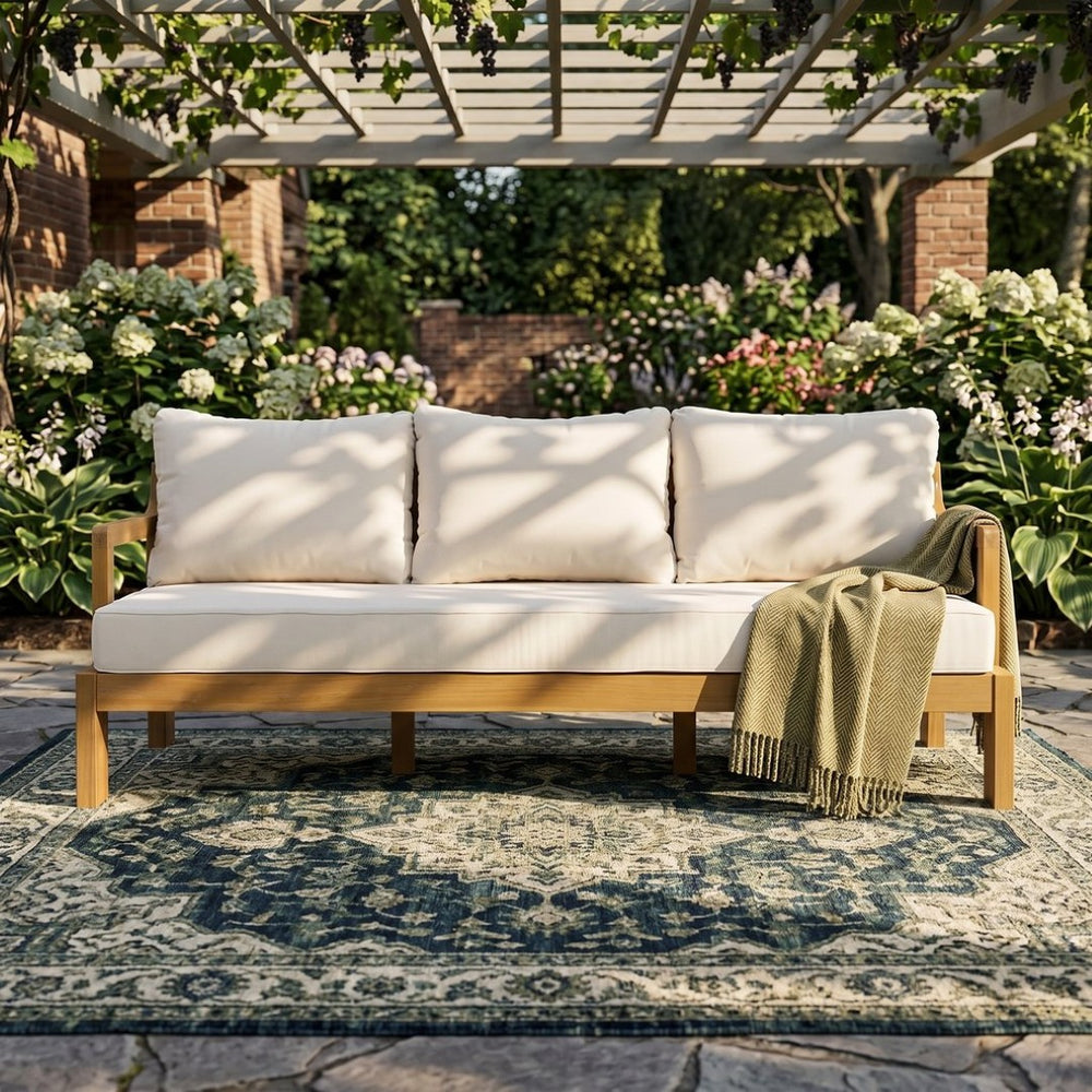 English Elm Outdoor Acacia Wood 3 Seat Patio Sofa with Thick Cushions for Garden or Deck N757P388745N