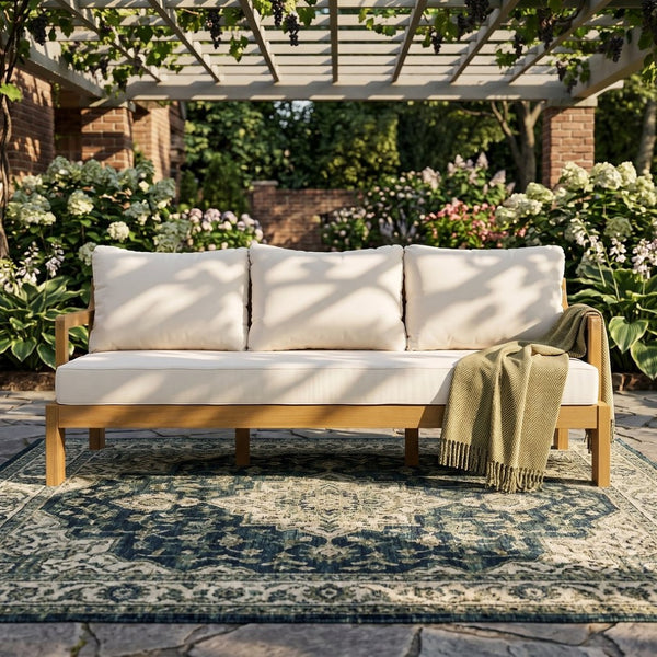 English Elm Outdoor Acacia Wood 3 Seat Patio Sofa with Thick Cushions for Garden or Deck N757P388745N