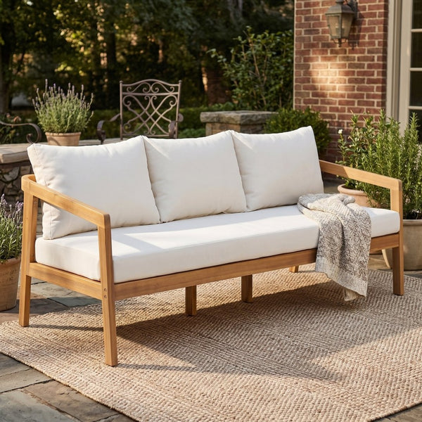 English Elm Outdoor Acacia Wood 3 Seat Patio Sofa with Thick Cushions for Garden Lounging N757P395516I