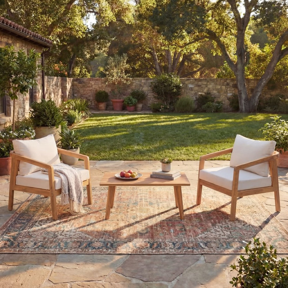 English Elm Outdoor Acacia Wood Patio Bistro Set with Cushioned Chairs and Coffee Table N757P395518I