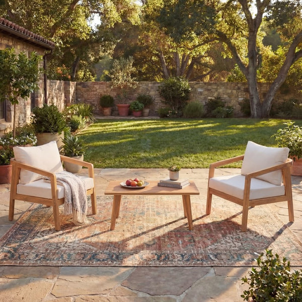 English Elm Outdoor Acacia Wood Patio Bistro Set with Cushioned Chairs and Coffee Table N757P395518I