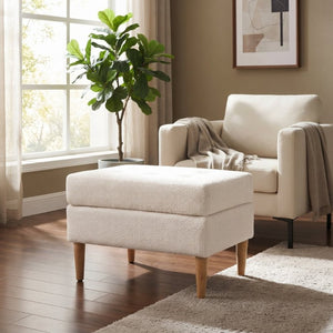 English Elm Upholstered Boucle Tufted Ottoman with Rubberwood Legs for Modern Living Rooms Ivory N757P405846I