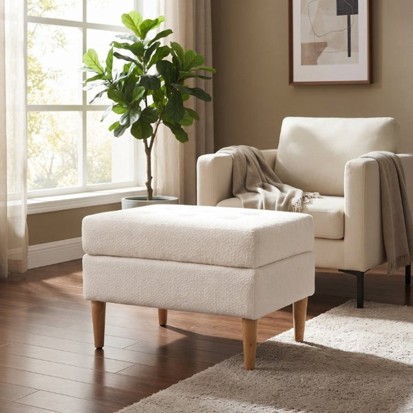 English Elm Upholstered Boucle Tufted Ottoman with Rubberwood Legs for Modern Living Rooms Ivory N757P405846I