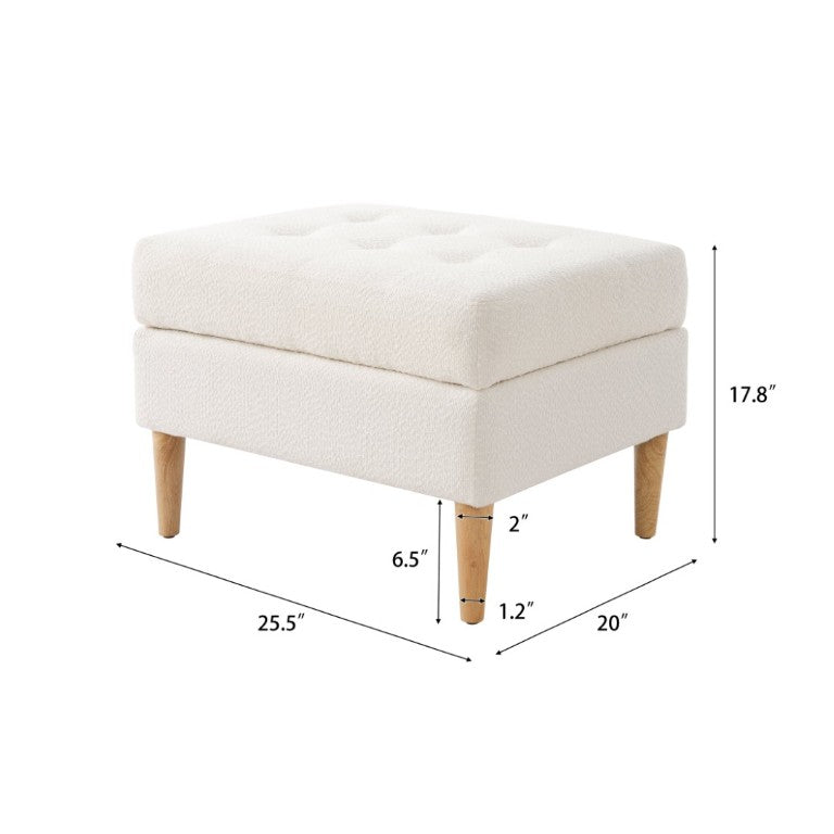 English Elm Upholstered Boucle Tufted Ottoman with Rubberwood Legs for Modern Living Rooms Ivory N757P405846I