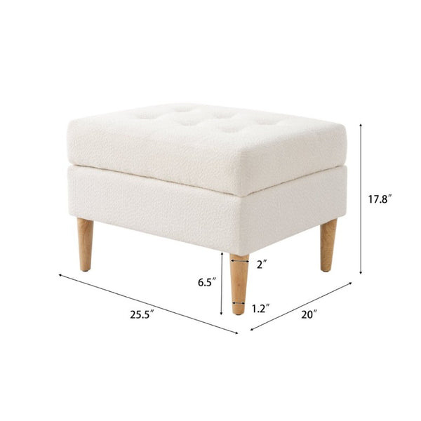 English Elm Upholstered Boucle Tufted Ottoman with Rubberwood Legs for Modern Living Rooms Ivory N757P405846I