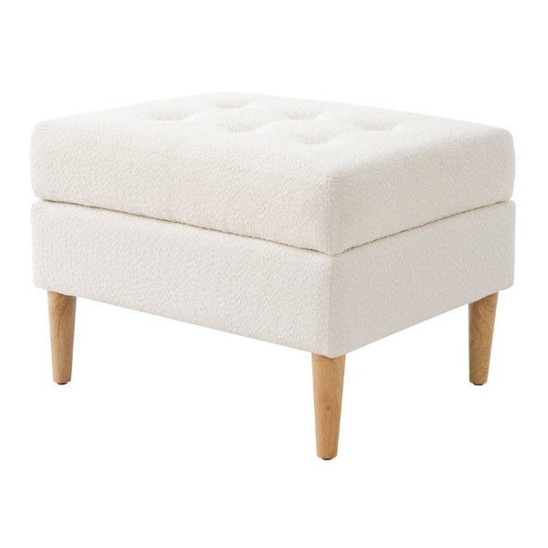 English Elm Upholstered Boucle Tufted Ottoman with Rubberwood Legs for Modern Living Rooms Ivory N757P405846I