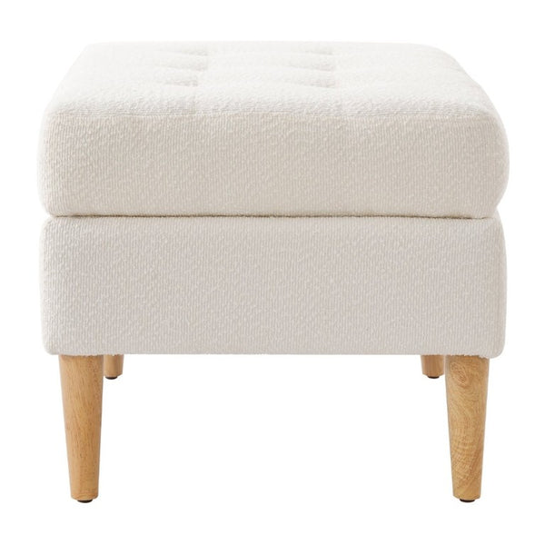 English Elm Upholstered Boucle Tufted Ottoman with Rubberwood Legs for Modern Living Rooms Ivory N757P405846I