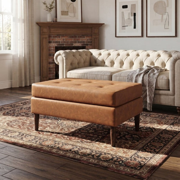 English Elm Upholstered Tufted PU Leather Ottoman with Rubberwood Legs for Living Room Decor N757P405846T