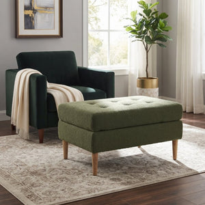 English Elm Upholstered Boucle Tufted Ottoman with Rubberwood Legs for Modern Living Rooms Olive Green N757P405846V