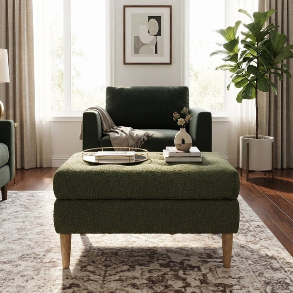 English Elm Upholstered Boucle Tufted Ottoman with Rubberwood Legs for Modern Living Rooms Olive Green N757P405846V