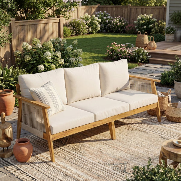 English Elm Outdoor Acacia Hardwood Sofa with Handwoven Rope Panels for Patio Lounging N757P408831B