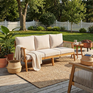 English Elm Outdoor Acacia Hardwood Sofa with Handwoven Rope Panels for Patio Lounging N757P408831B