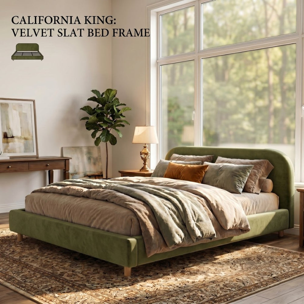 English Elm California King Velvet Upholstered Bed with Curved Thick Headboard and Rubberwood Legs N757P411871V