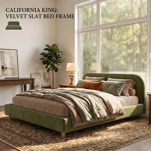 English Elm California King Velvet Upholstered Bed with Curved Thick Headboard and Rubberwood Legs N757P411871V