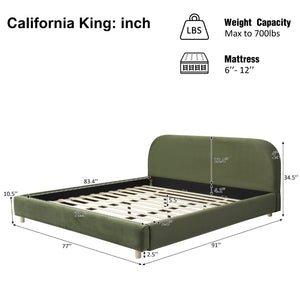 English Elm California King Velvet Upholstered Bed with Curved Thick Headboard and Rubberwood Legs N757P411871V
