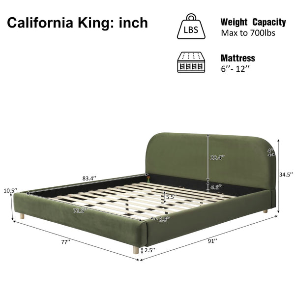 English Elm California King Velvet Upholstered Bed with Curved Thick Headboard and Rubberwood Legs N757P411871V
