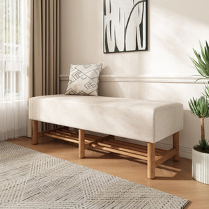 English Elm Rectangular Linen Ottoman Bench with Open Shelf Solid Wood Legs for Bedroom or Living Room N757P414089I