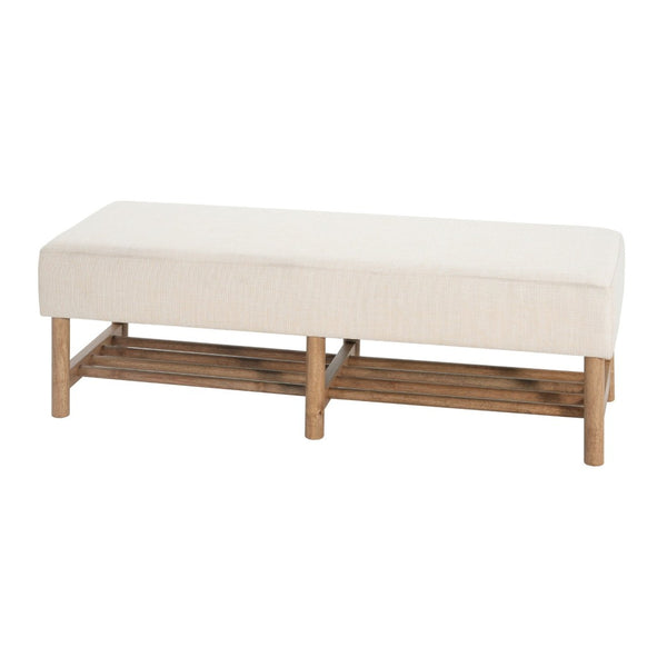 English Elm Rectangular Linen Ottoman Bench with Open Shelf Solid Wood Legs for Bedroom or Living Room N757P414089I