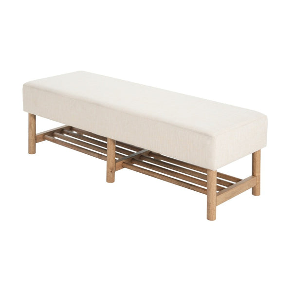 English Elm Rectangular Linen Ottoman Bench with Open Shelf Solid Wood Legs for Bedroom or Living Room N757P414089I