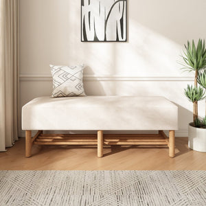 English Elm Rectangular Linen Ottoman Bench with Open Shelf Solid Wood Legs for Bedroom or Living Room N757P414089I