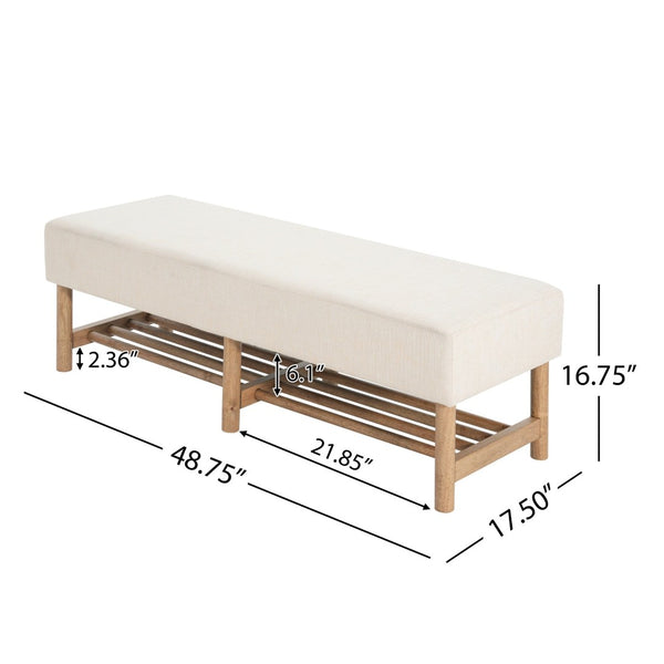 English Elm Rectangular Linen Ottoman Bench with Open Shelf Solid Wood Legs for Bedroom or Living Room N757P414089I