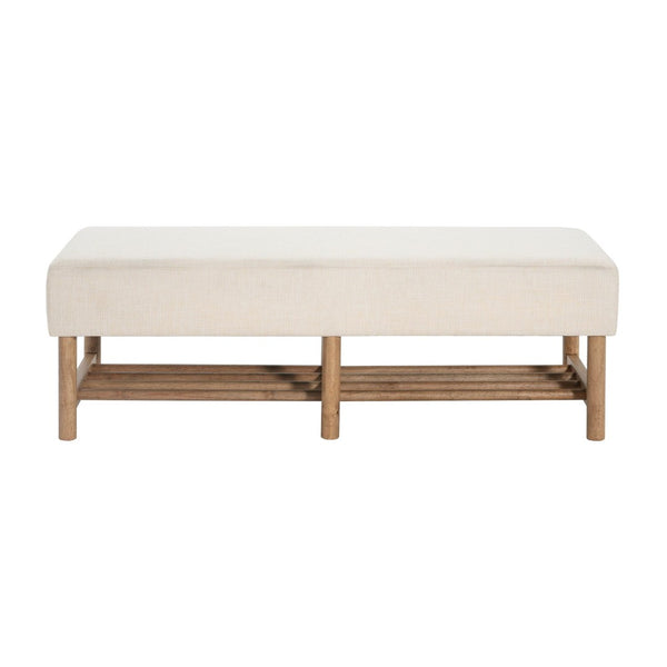 English Elm Rectangular Linen Ottoman Bench with Open Shelf Solid Wood Legs for Bedroom or Living Room N757P414089I