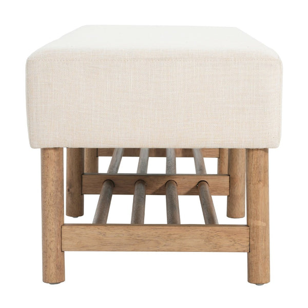English Elm Rectangular Linen Ottoman Bench with Open Shelf Solid Wood Legs for Bedroom or Living Room N757P414089I