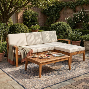 English Elm Outdoor Acacia Wood L Shaped Sectional Patio Set with Ottoman and Coffee Table N757P415475B