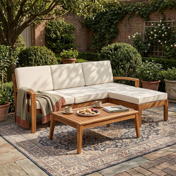 English Elm Outdoor Acacia Wood L Shaped Sectional Patio Set with Ottoman and Coffee Table N757P415475B