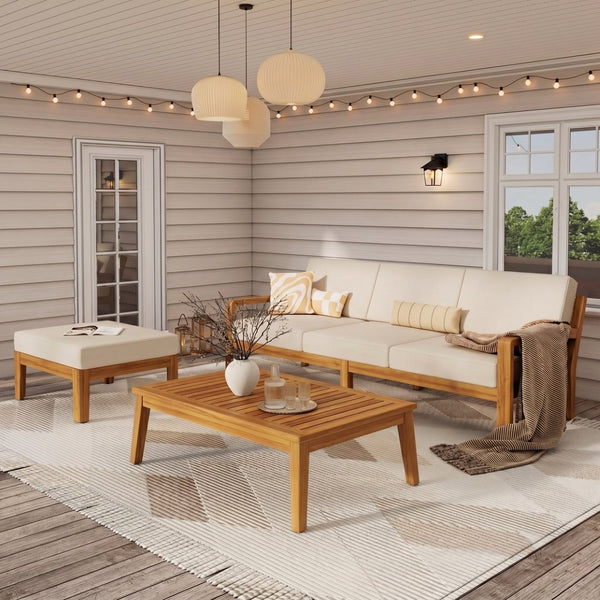 English Elm Outdoor Acacia Wood L Shaped Sectional Patio Set with Ottoman and Coffee Table N757P415475B