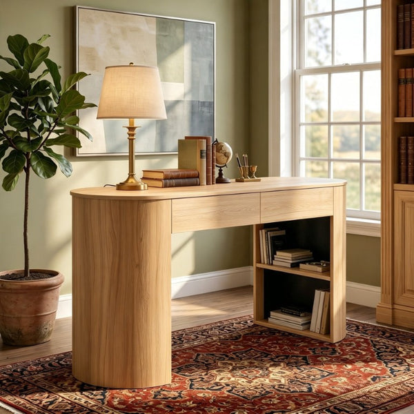 English Elm Storage Writing Desk with Sculptural Curved Base and Built in Shelves for Home Office N757P430797N