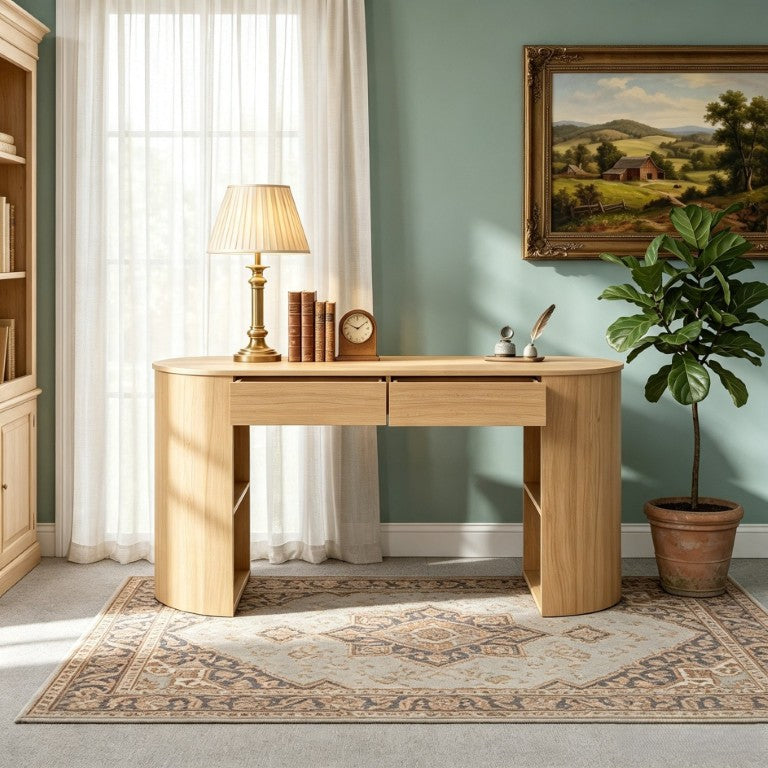 English Elm Storage Writing Desk with Sculptural Curved Base and Built in Shelves for Home Office N757P430797N