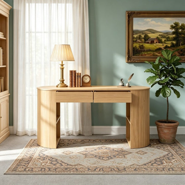 English Elm Storage Writing Desk with Sculptural Curved Base and Built in Shelves for Home Office N757P430797N