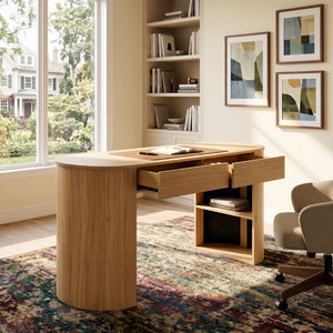 English Elm Storage Writing Desk with Sculptural Curved Base and Built in Shelves for Home Office N757P430797N