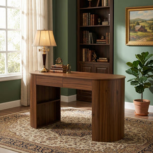 English Elm Storage Writing Desk with Curved Base Open Shelves and Drawers for Modern Home Office N757P430797W