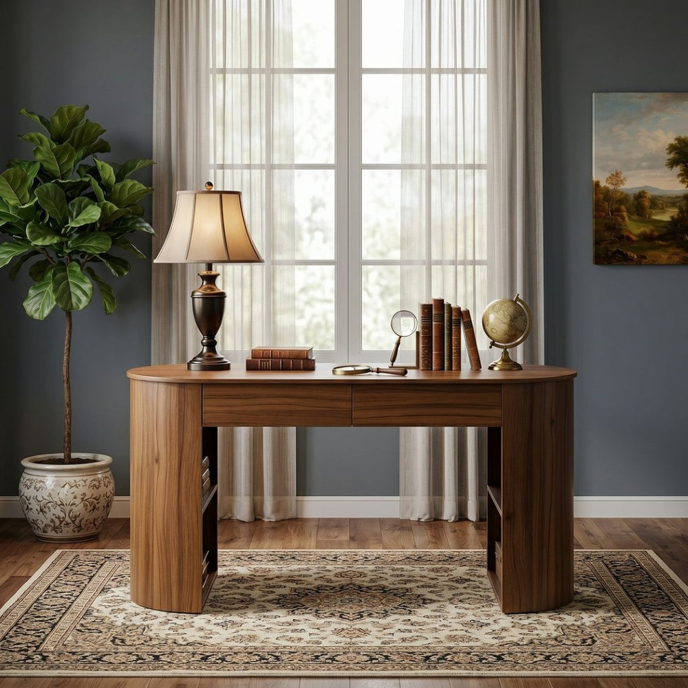 English Elm Storage Writing Desk with Curved Base Open Shelves and Drawers for Modern Home Office N757P430797W