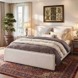 English Elm King Velvet Wingback Bed with Diamond Tufting Nailhead Trim and Sleek White Legs Beige Queen N757P442434I