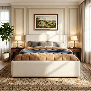 English Elm King Velvet Wingback Bed with Diamond Tufting Nailhead Trim and Sleek White Legs Beige Queen N757P442434I