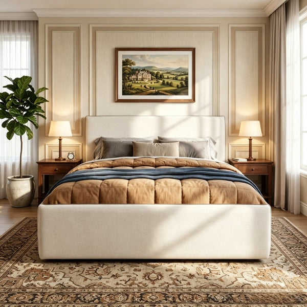 English Elm King Velvet Wingback Bed with Diamond Tufting Nailhead Trim and Sleek White Legs Beige Queen N757P442434I