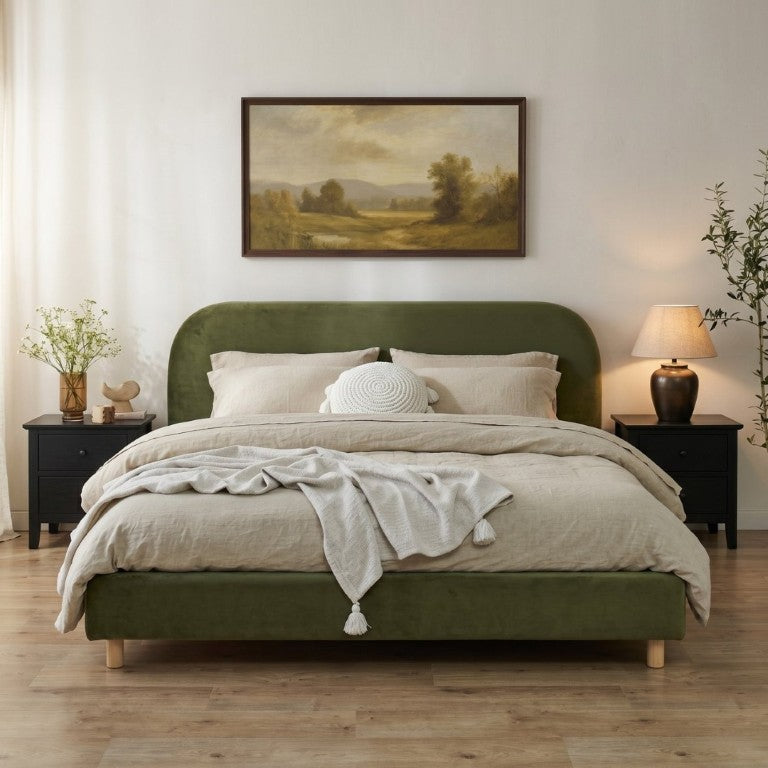 English Elm California King Velvet Upholstered Bed Curved Thick Headboard Solid Wood Legs Platform N757P469087V